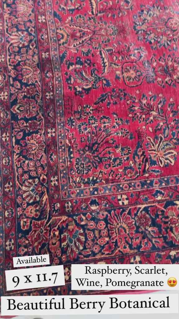 LOVELY Botanical Distressed Antique Persian Sarouk | Berry, Pomegranate, Sangria & more | 9 x 11.7