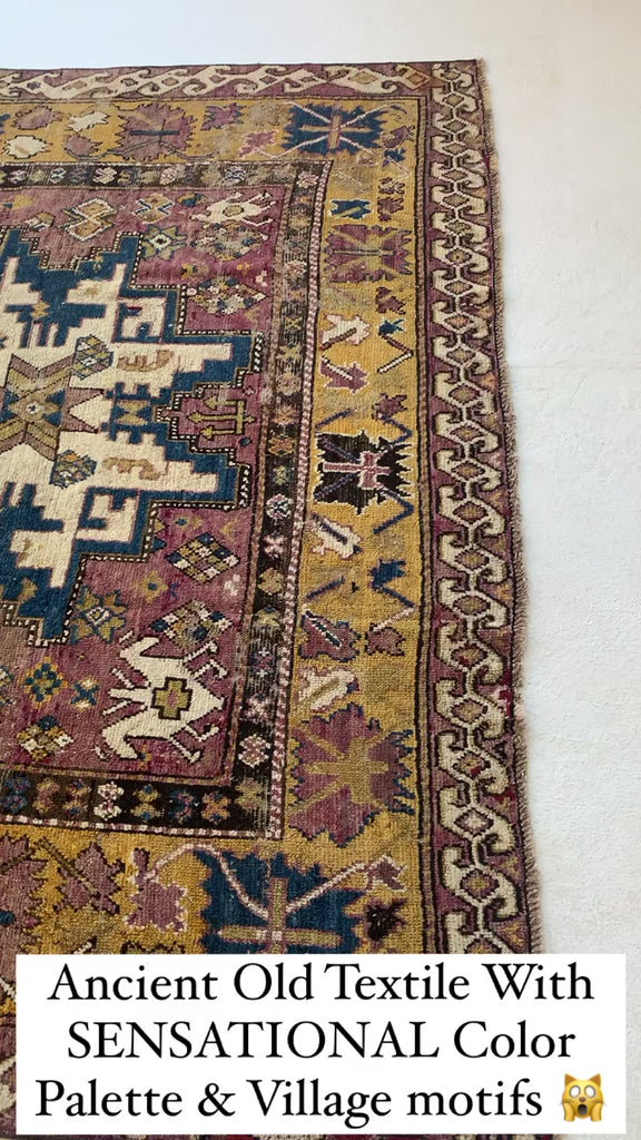 UNBELIEVABLE  Antique Textile | RARE Room Size Leshgi Star with Lavender, Sunflower Yellows, & Blues, WOW ~ 6.9 x 10.9