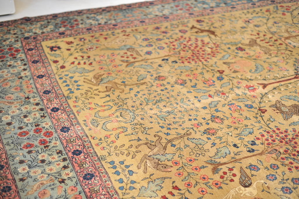 RARE "CREATOR'S VISION" PARADISE TREE OF LIFE TABRIZ with Phoenix, Leopards, Fawn, & Roosters | Camel Ground & Bakshayesh Blue Border | UNREAL | 9.8 x 13