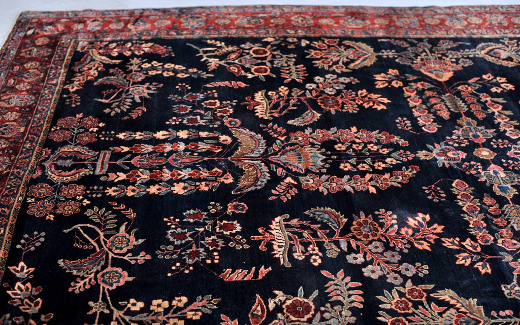 MOODY RALPH LAUREN Vibe Antique Sarouk | Botanical Velvety Wool with Deep Navy & Rich Red | 9.3 x 12.2