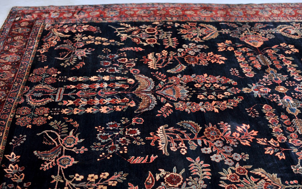 SOLD | MOODY RALPH LAUREN Vibe Antique Sarouk | Botanical Velvety Wool with Deep Navy & Rich Red | 9.3 x 12.2
