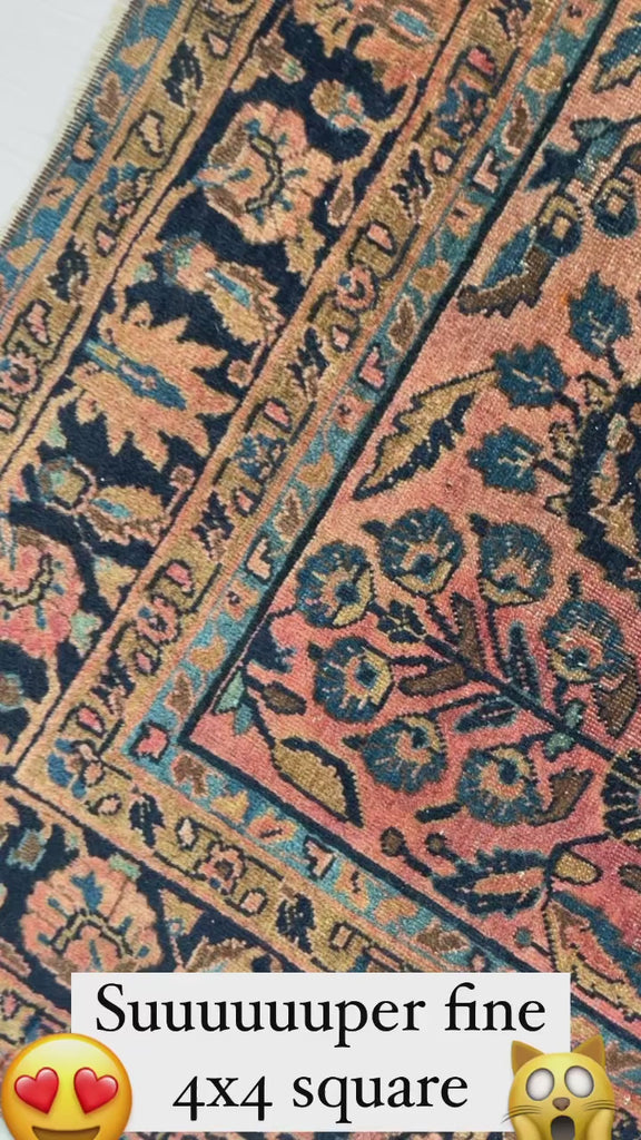SOLD | RARE SQUARE | Moody Botanical Antique Square Rug with Blush, Salmon, Apricot & Berry | 4 x 4