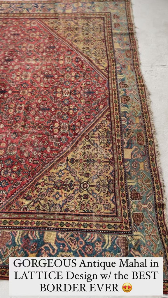 SOLD | INCREDIBLE Antique Persian Mahal, C. 1920-30's, Camel Corners with INCREDIBLE Bakshayesh Blue & Blue-Green Border | 8.4 x 12