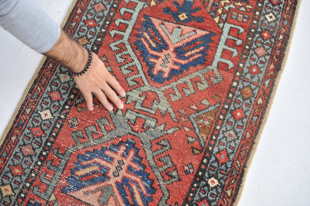 RARE & GORGEOUS Skinny Antique Northwest | Narrow Meandering Runner with Slate Blue, Dirty Lavender, Blush | 2.2 x 9.11