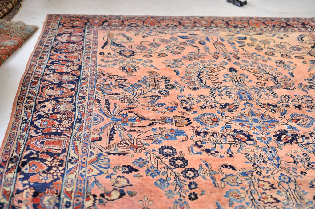 GLOWING Antique Botanical Sarouk GEM | Salmon, Coral, Pink, Blush with Deep Indigo & Peacock Blue | 10.3 x 13.4