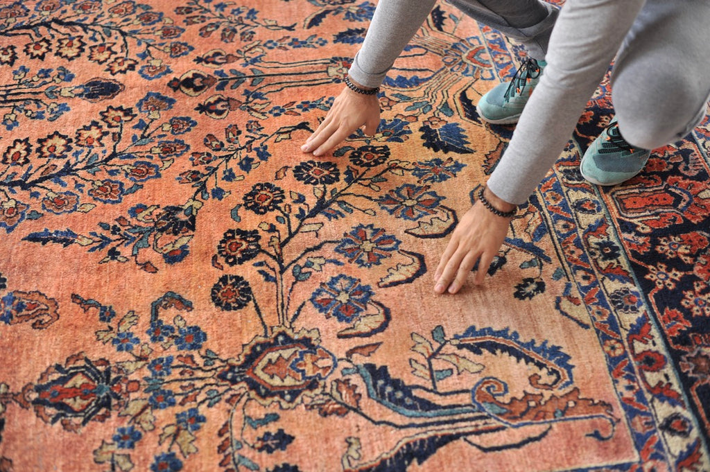 GLOWING Antique Botanical Sarouk GEM | Salmon, Coral, Pink, Blush with Deep Indigo & Peacock Blue | 10.3 x 13.4