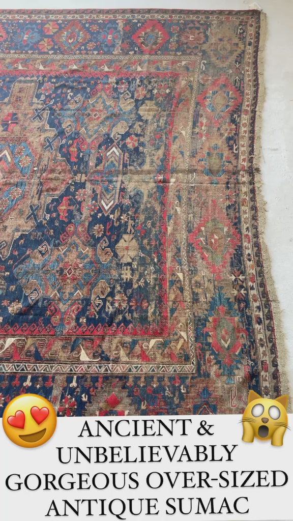 Century Old HUGE Ancient Antique Sumac | RARE Textile with Immense Age & Undeniable Presence  | ~ 10 x 13.4
