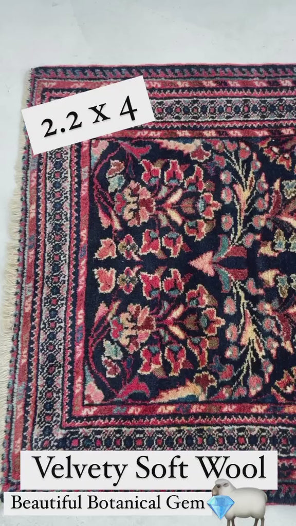 VELVET-SOFT Lamb Wool Vintage Sarouk | Botanical Beauty with Indigo, Strawberry & Teal | 2.2 x 4