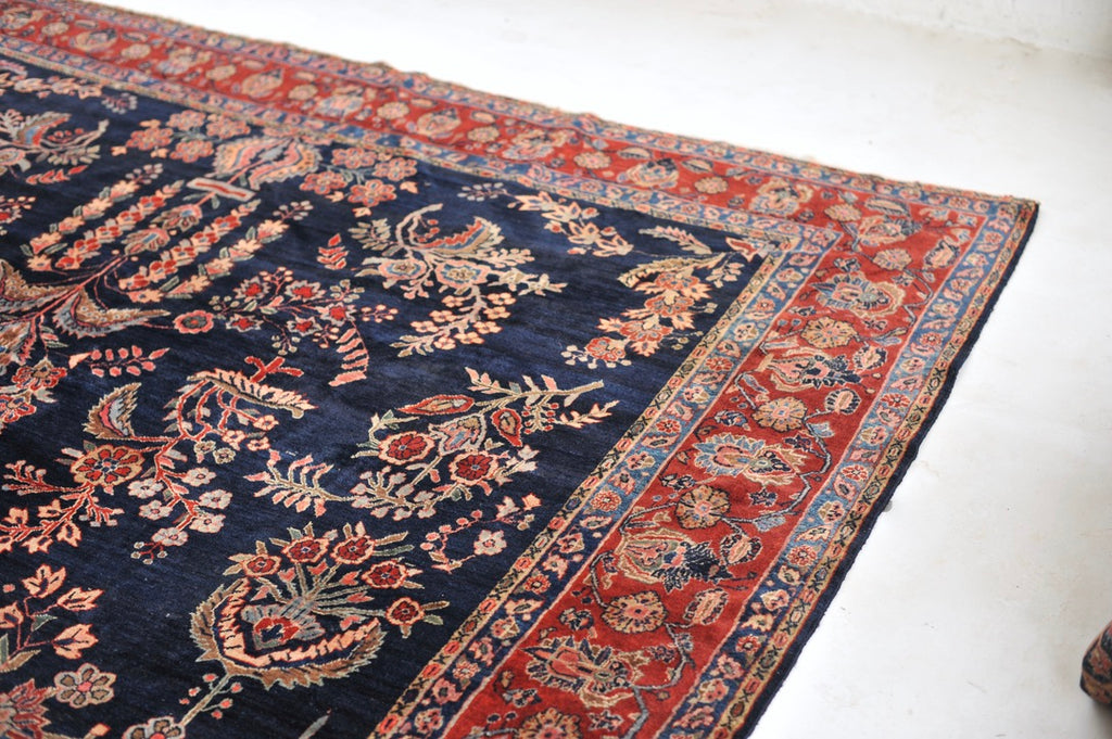 MOODY RALPH LAUREN Vibe Antique Sarouk | Botanical Velvety Wool with Deep Navy & Rich Red | 9.3 x 12.2