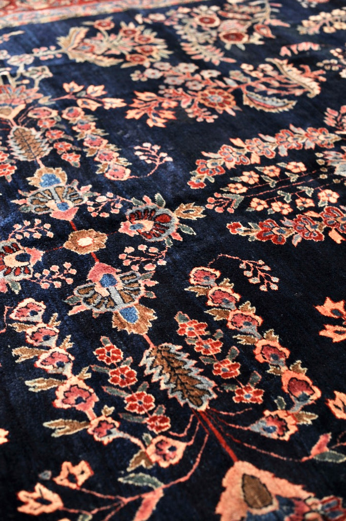 MOODY RALPH LAUREN Vibe Antique Sarouk | Botanical Velvety Wool with Deep Navy & Rich Red | 9.3 x 12.2