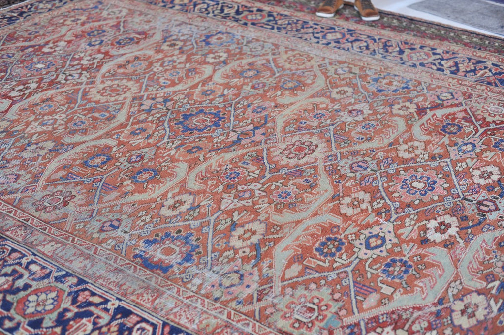 UNIQUE All-Over Antique Persian Mahal Geometric Jagged Flower Pattern | Tons of Variations of Rust, Clay, & Umber with Seafoam | 9.7 x 13
