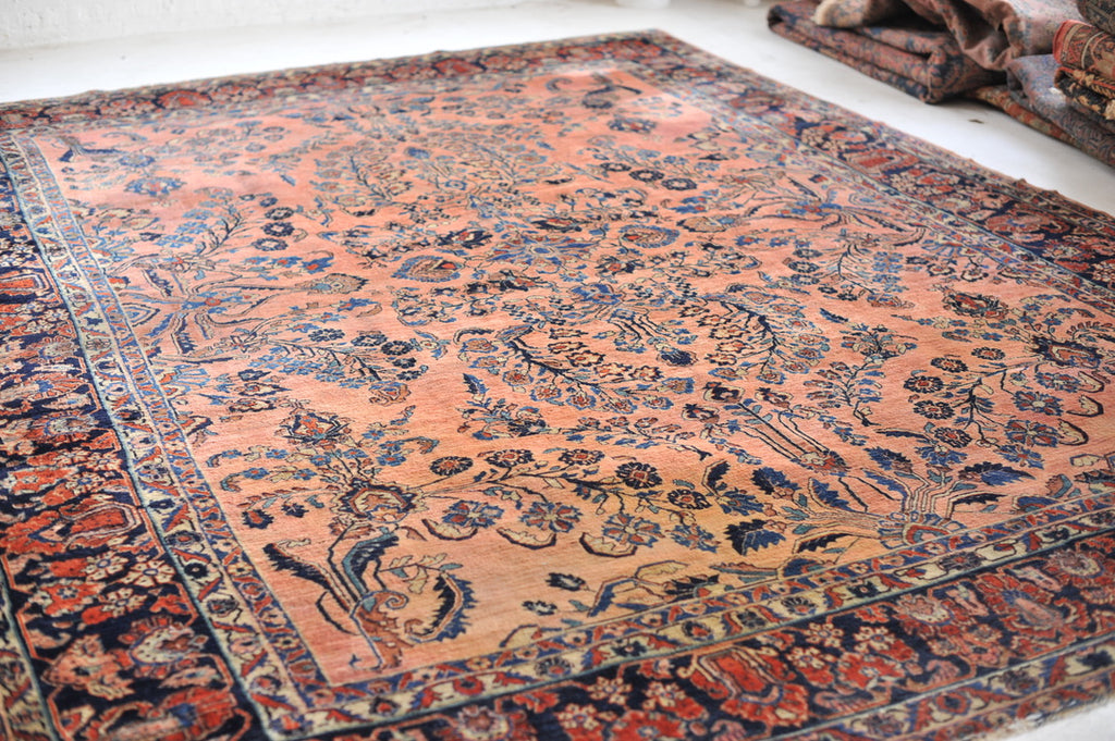 GLOWING Antique Botanical Sarouk GEM | Salmon, Coral, Pink, Blush with Deep Indigo & Peacock Blue | 10.3 x 13.4