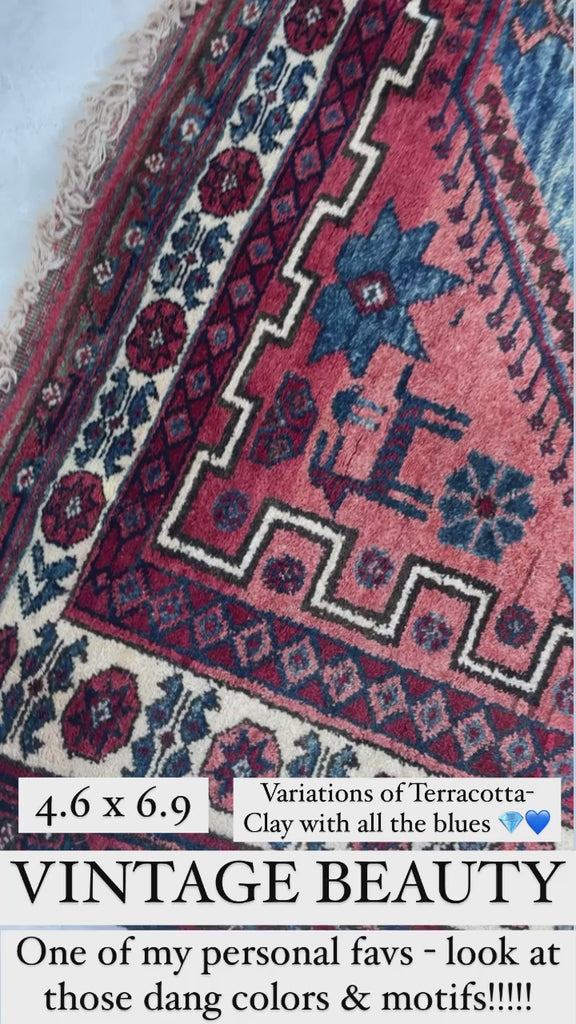 RESERVED FOR SAVANNAH*** UNICORN Vintage Shiraz Rug | Village Life Woven Throughout | Clay, Ice Blue, Charcoal | 4.6 x 6.9