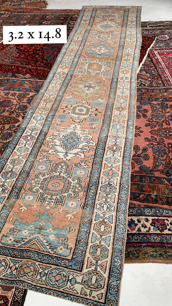 SOLD | DREAMY Antique Runner | Soft Terracotta, Ice-Blue, Beige, Camel |  3.3 x 14.8