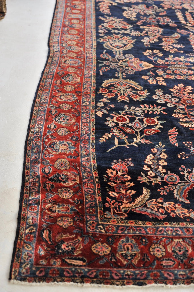 MOODY RALPH LAUREN Vibe Antique Sarouk | Botanical Velvety Wool with Deep Navy & Rich Red | 9.3 x 12.2
