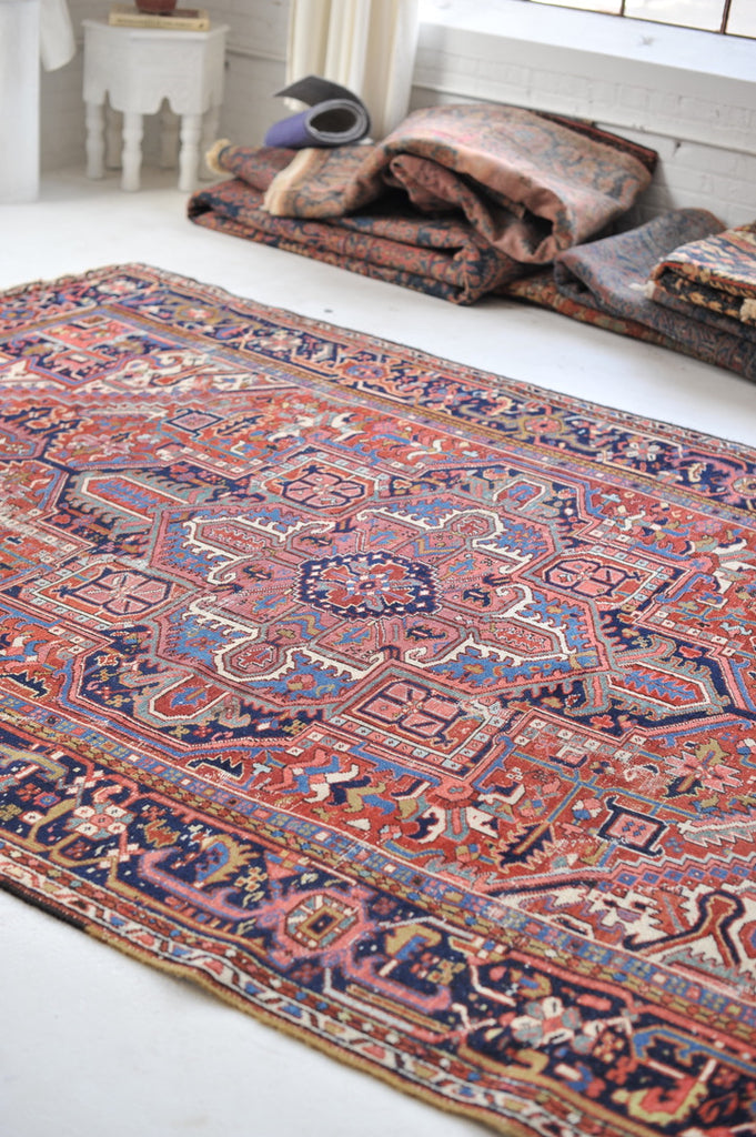 SOLD | BERRY & TEAL Medallion | Antique Persian Heriz Northwest Geometric Village Rug | 8.3 x 11.4