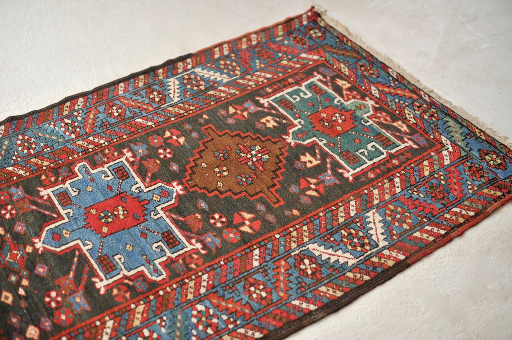 RARE Antique Northwest Runner | Smokey Blackish-Blue Ground with Teals, Blues, Emerald Greens | 3 x 13.10