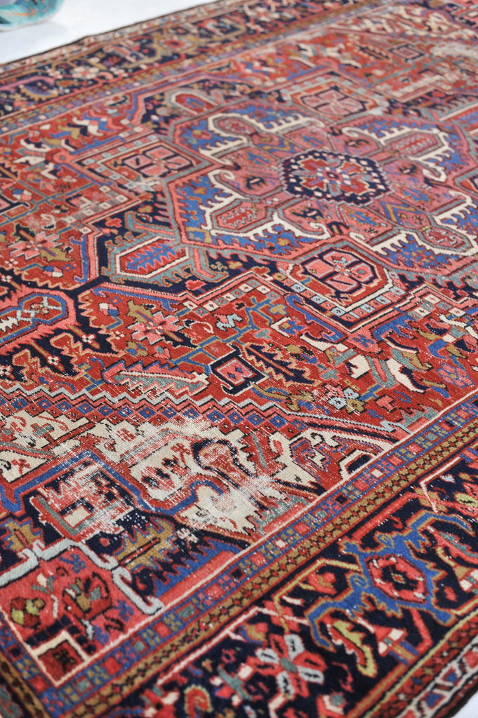 SOLD | BERRY & TEAL Medallion | Antique Persian Heriz Northwest Geometric Village Rug | 8.3 x 11.4