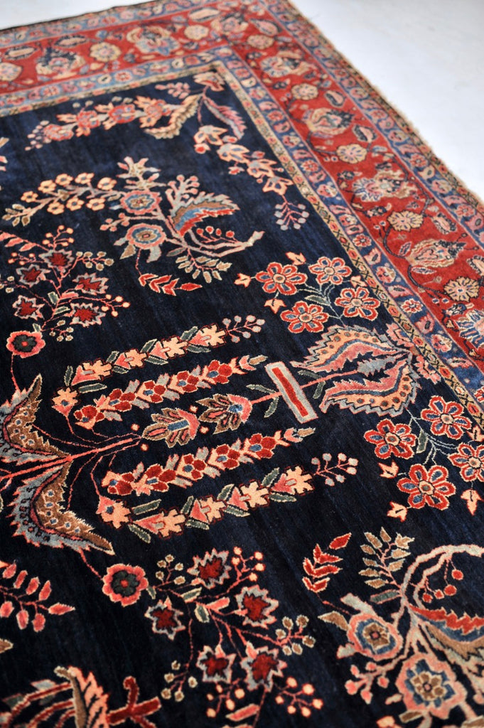 SOLD | MOODY RALPH LAUREN Vibe Antique Sarouk | Botanical Velvety Wool with Deep Navy & Rich Red | 9.3 x 12.2