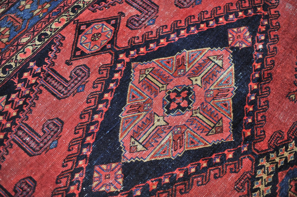 SOLD | SENSATIONAL Antique Geometric Village Rug | Fruit Punch, Watermelon, Coral, Deep Salmon with Oxford & Denim Blue | 9.7 x 11.9