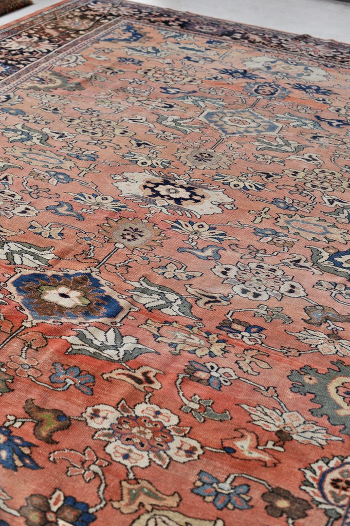 SOLD | MAGNIFICENT Antique Mahal with Naive Botanical Drawing | Truly Gorgeous Hues with Muted Apricot, Terracotta, Salmon, Clay, Rust | ~ 10.5 x 14