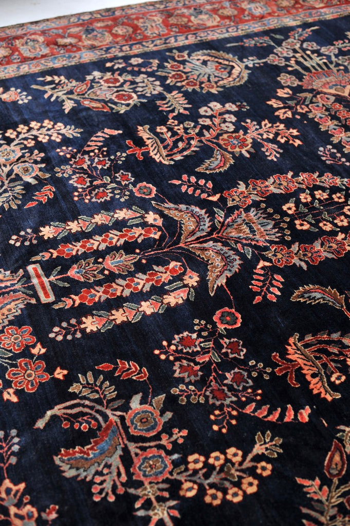 MOODY RALPH LAUREN Vibe Antique Sarouk | Botanical Velvety Wool with Deep Navy & Rich Red | 9.3 x 12.2