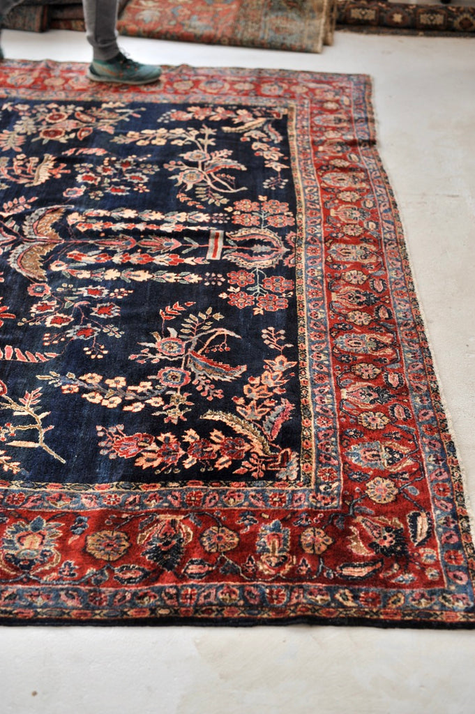 MOODY RALPH LAUREN Vibe Antique Sarouk | Botanical Velvety Wool with Deep Navy & Rich Red | 9.3 x 12.2