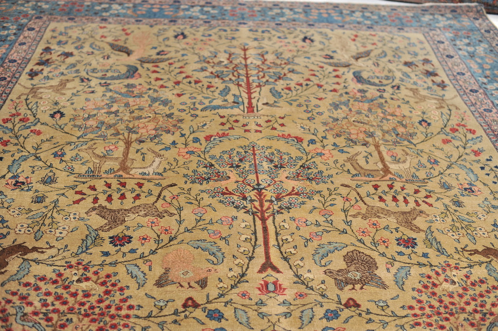 RARE "CREATOR'S VISION" PARADISE TREE OF LIFE TABRIZ with Phoenix, Leopards, Fawn, & Roosters | Camel Ground & Bakshayesh Blue Border | UNREAL | 9.8 x 13