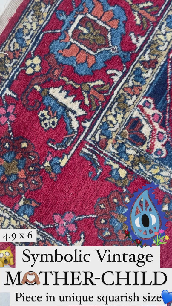 ICONIC Vintage Mother-Child Rug | Highly Powered and Symbolic Rare Square ish | 4.9 x 6