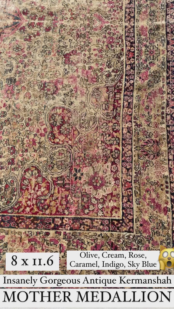 RESERVED FOR JULIET*** DAZZLING Antique Kermanshah | Cream, Taupe, Olive, Almond, Pastel Pink, Blues, etc | 8 x 11.6