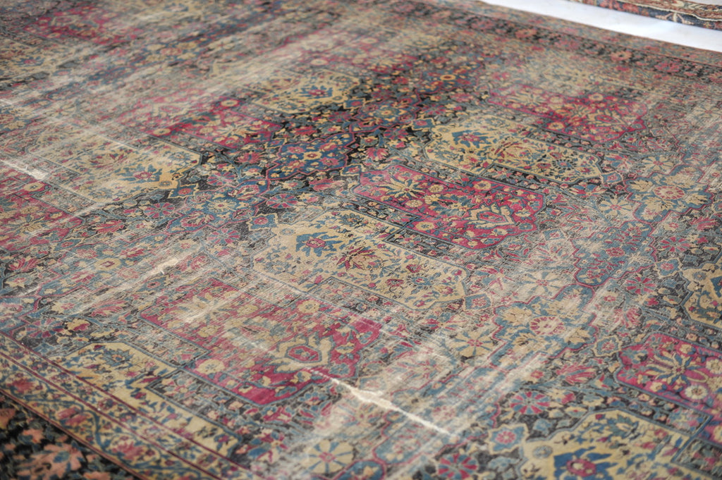 PALACE SIZE Antique | ICONIC Garden Inspired Design ; Charcoal, Magenta, Denim Blue | 11.4 x 17.7