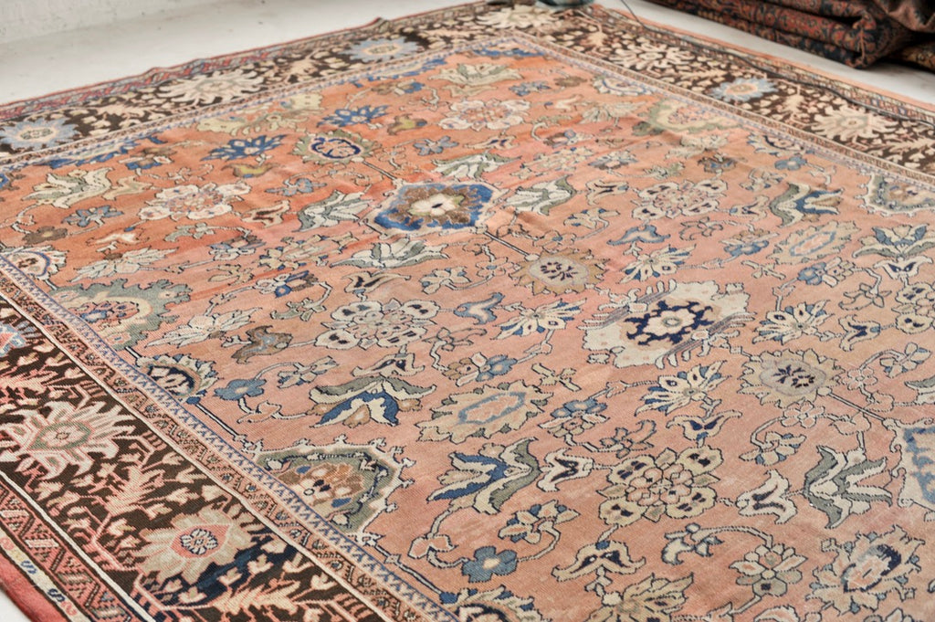 SOLD | MAGNIFICENT Antique Mahal with Naive Botanical Drawing | Truly Gorgeous Hues with Muted Apricot, Terracotta, Salmon, Clay, Rust | ~ 10.5 x 14
