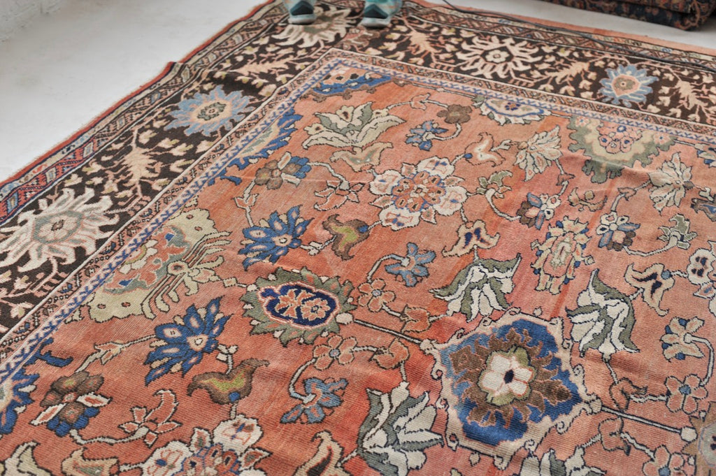 SOLD | MAGNIFICENT Antique Mahal with Naive Botanical Drawing | Truly Gorgeous Hues with Muted Apricot, Terracotta, Salmon, Clay, Rust | ~ 10.5 x 14