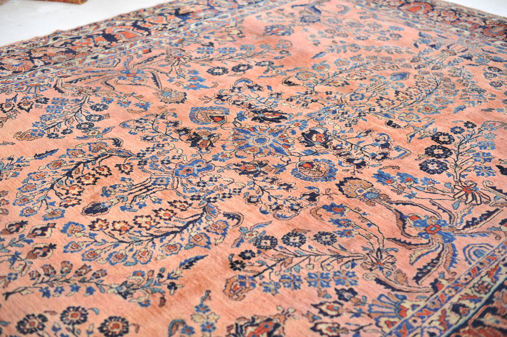 GLOWING Antique Botanical Sarouk GEM | Salmon, Coral, Pink, Blush with Deep Indigo & Peacock Blue | 10.3 x 13.4