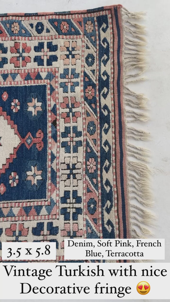 Vintage Turkish Navy, Blush, Apricot, Soft Salmon, Beige with Braided Fringe!  3.5 x 5.8