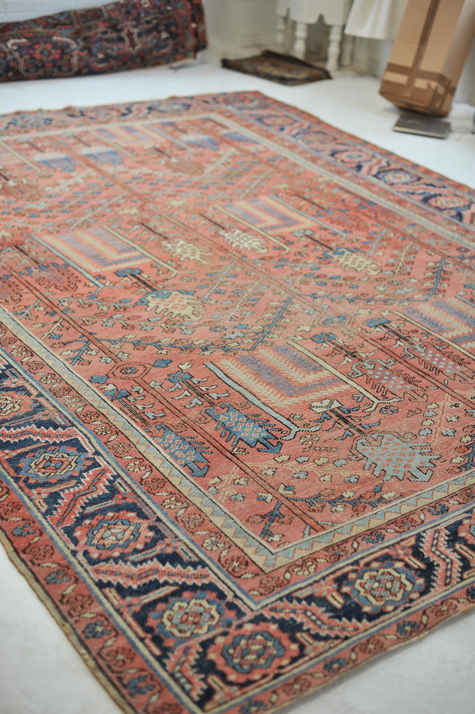 RESERVED FOR UZODINMA***  RARE Collector's Willow Tree of Life Antique Persian Heriz Northwest Village Rug, C. 1915 | Salmon & Coral with Ice Blues and Teals | 9.5 x 12