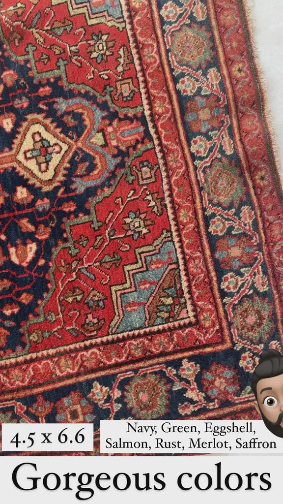 Antique Rug | 4.5 x 6.6 | Rust Pink Navy Beige French Blue BEAUTY
