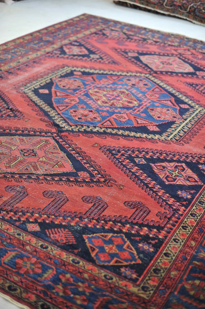 RESERVED FOR ALYSSA*** SENSATIONAL Antique Geometric Village Rug | Fruit Punch, Watermelon, Coral, Deep Salmon with Oxford & Denim Blue | 9.7 x 11.9