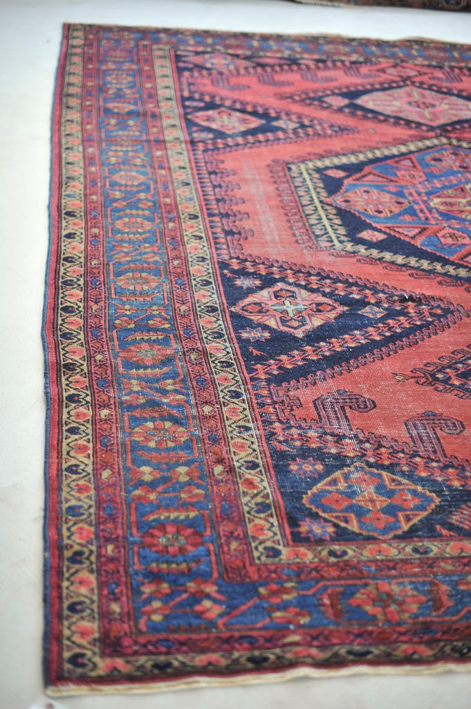 RESERVED FOR ALYSSA*** SENSATIONAL Antique Geometric Village Rug | Fruit Punch, Watermelon, Coral, Deep Salmon with Oxford & Denim Blue | 9.7 x 11.9