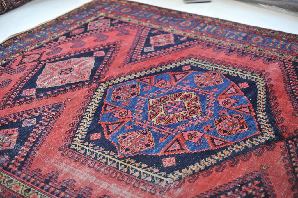 SOLD | SENSATIONAL Antique Geometric Village Rug | Fruit Punch, Watermelon, Coral, Deep Salmon with Oxford & Denim Blue | 9.7 x 11.9