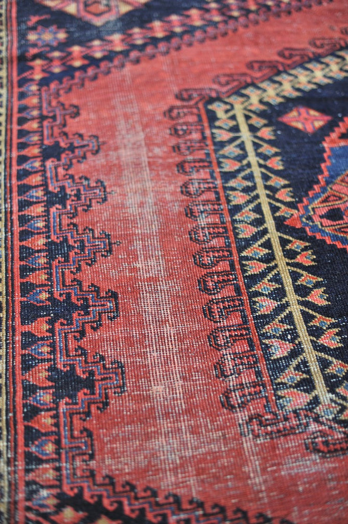 SOLD | SENSATIONAL Antique Geometric Village Rug | Fruit Punch, Watermelon, Coral, Deep Salmon with Oxford & Denim Blue | 9.7 x 11.9