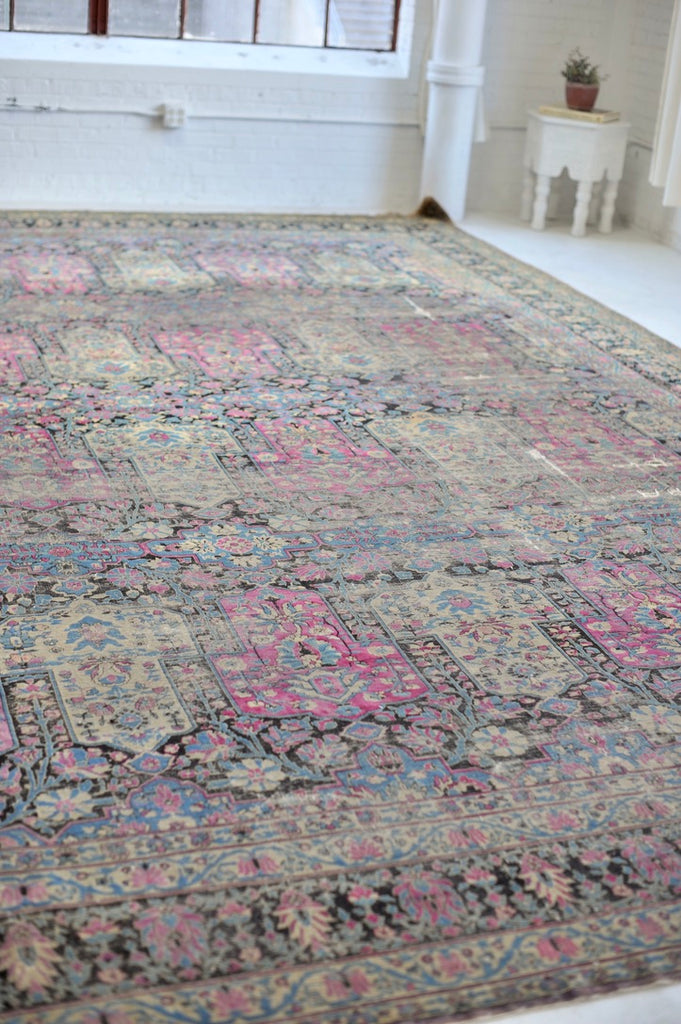 PALACE SIZE Antique | ICONIC Garden Inspired Design ; Charcoal, Magenta, Denim Blue | 11.4 x 17.7