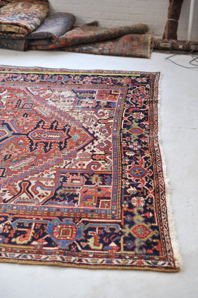 SOLD | BERRY & TEAL Medallion | Antique Persian Heriz Northwest Geometric Village Rug | 8.3 x 11.4