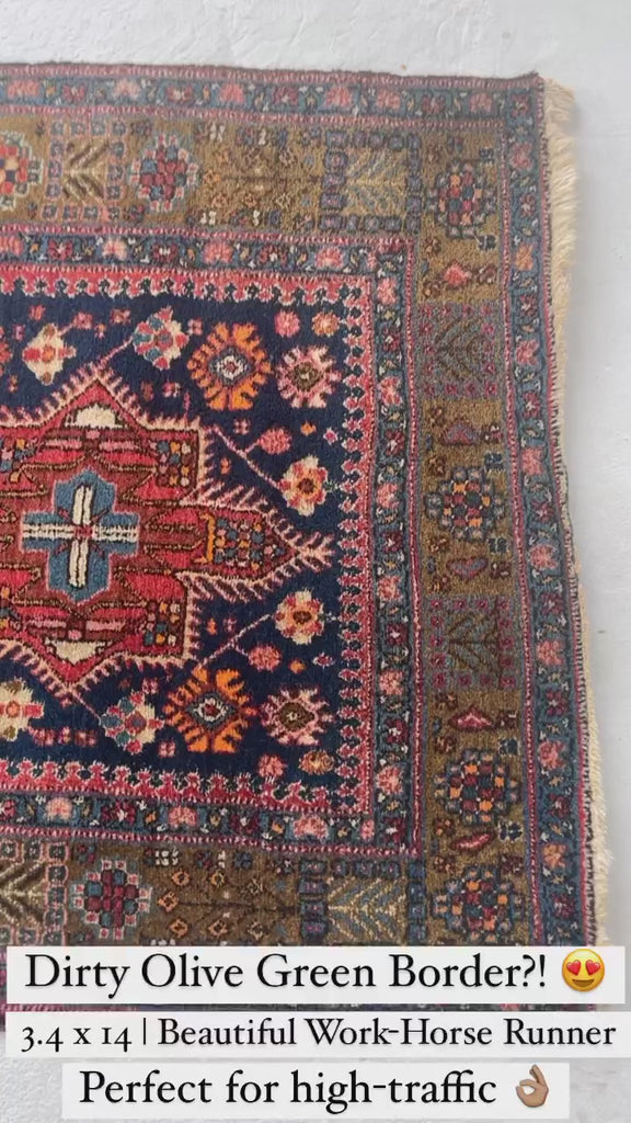SOLD | UNIQUE Vintage Runner with Olive Green Border and Family of Sheep | Heavy Duty Wool | 3.4 x 14