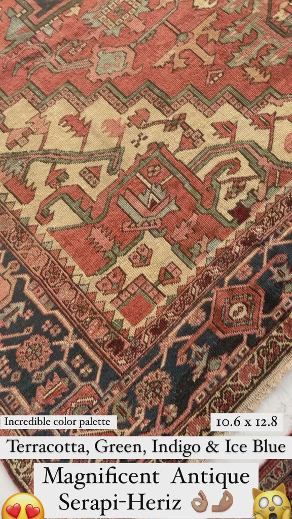 MINT CONDITION GORGEOUS Terracotta Ground with RARE Grassy Green & Ice Blue Antique Serapi-Heriz | 10.6 x 12.8