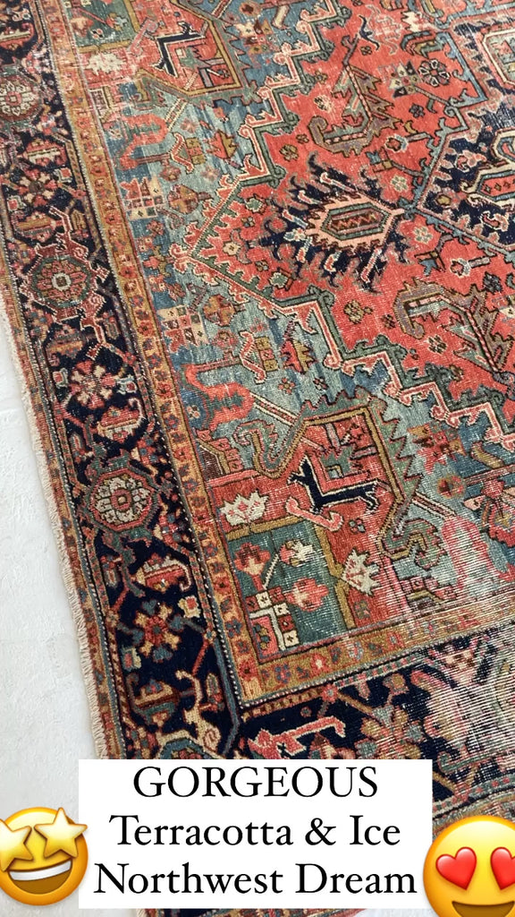 SOLD | DREAMY Antique Rug | Terracotta & Ice Blue Geometric BEAUTY | ~ 8 x 10.6