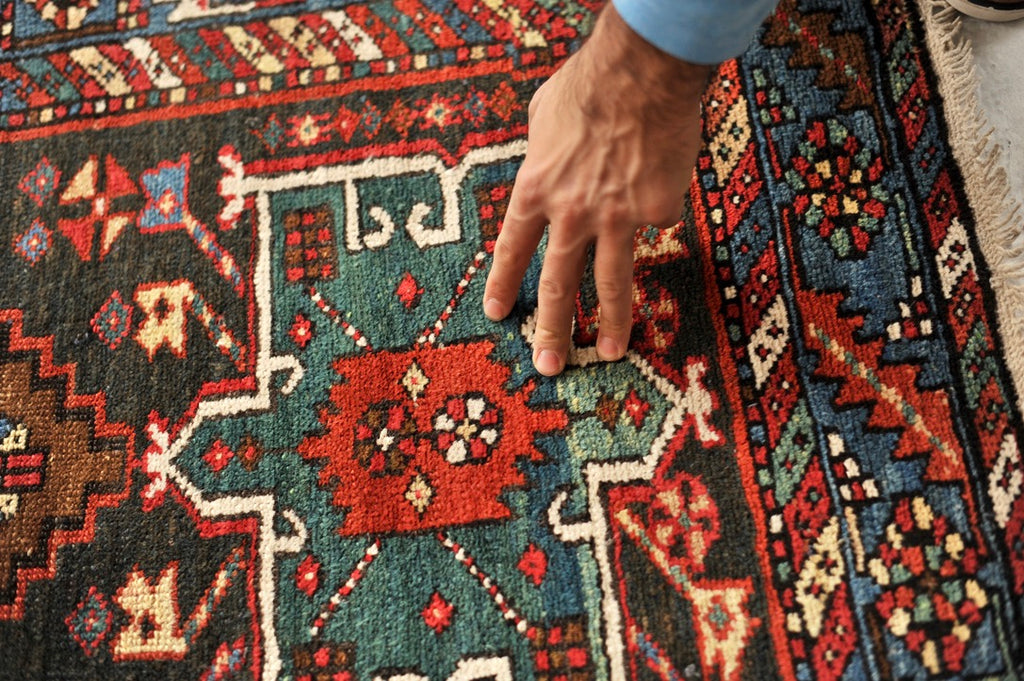 RARE Antique Northwest Runner | Smokey Blackish-Blue Ground with Teals, Blues, Emerald Greens | 3 x 13.10