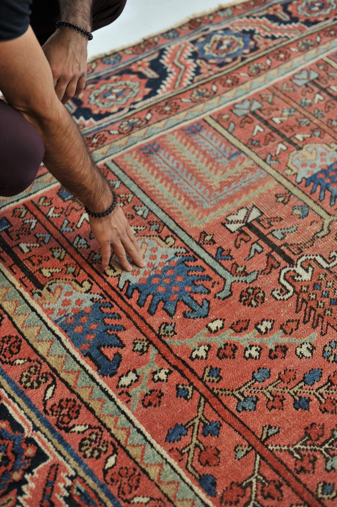 RESERVED FOR UZODINMA***  RARE Collector's Willow Tree of Life Antique Persian Heriz Northwest Village Rug, C. 1915 | Salmon & Coral with Ice Blues and Teals | 9.5 x 12