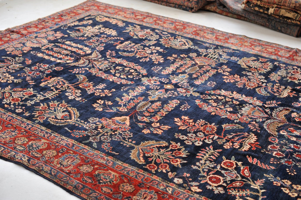 MOODY RALPH LAUREN Vibe Antique Sarouk | Botanical Velvety Wool with Deep Navy & Rich Red | 9.3 x 12.2
