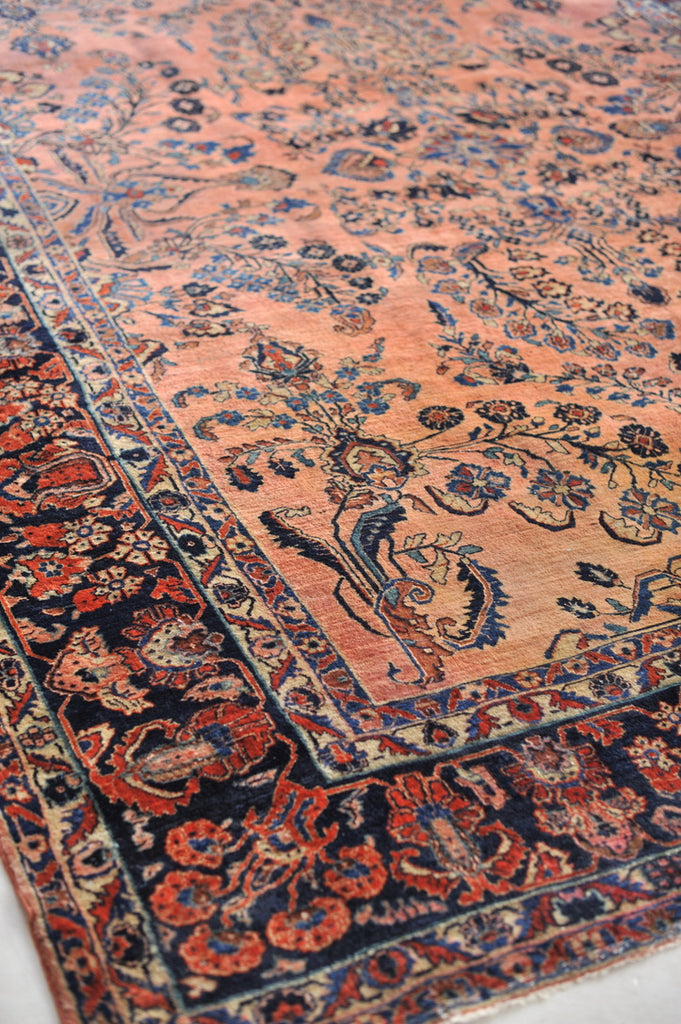 GLOWING Antique Botanical Sarouk GEM | Salmon, Coral, Pink, Blush with Deep Indigo & Peacock Blue | 10.3 x 13.4